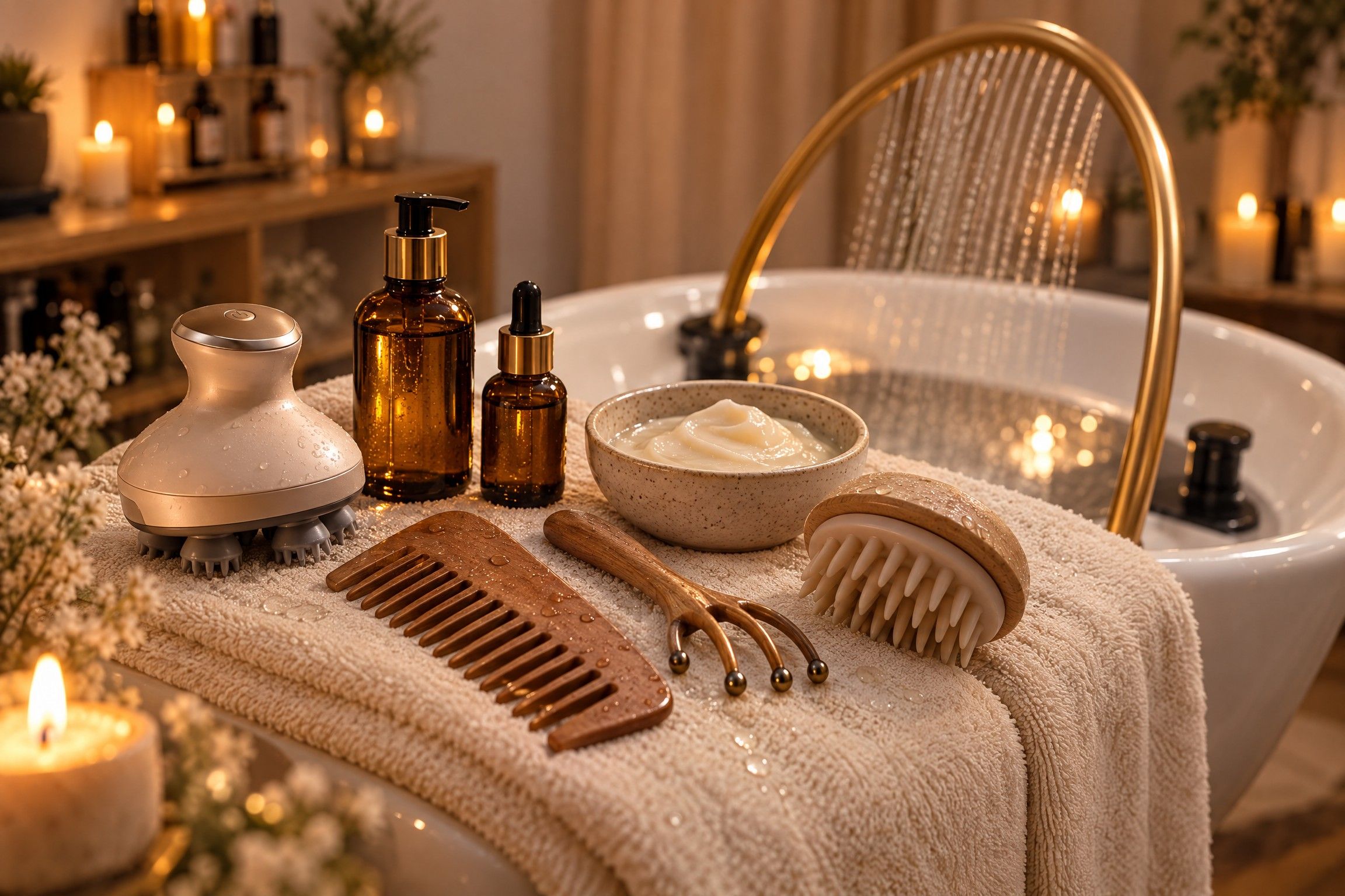 Outils du head spa posés sur une serviette au bord du bac : masseur électrique, peigne en bois, petit râteau, brosse, flacons de sérum et masque
