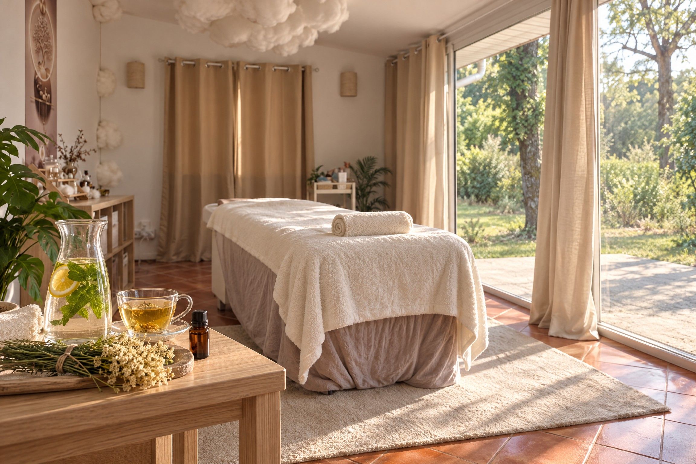 La salle de soin de Lumaïa au matin, table préparée devant la baie vitrée, carafe d'eau à la menthe et infusion de plantes