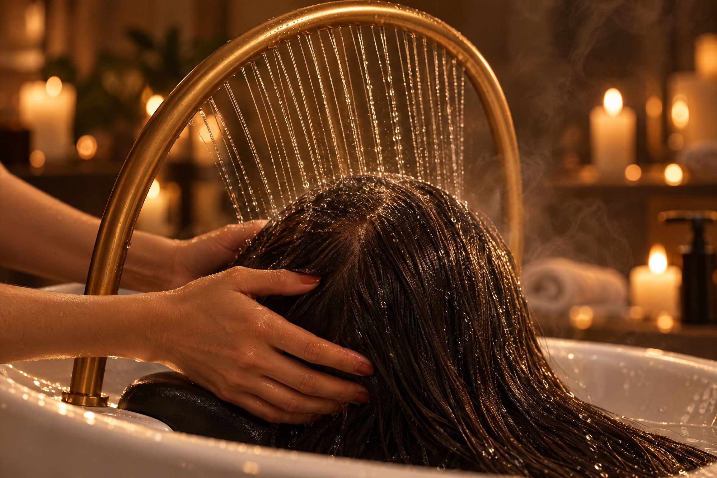 Cheveux dans le bac de head spa sous les fils d'eau tiède de l'arceau doré, mains qui massent le cuir chevelu