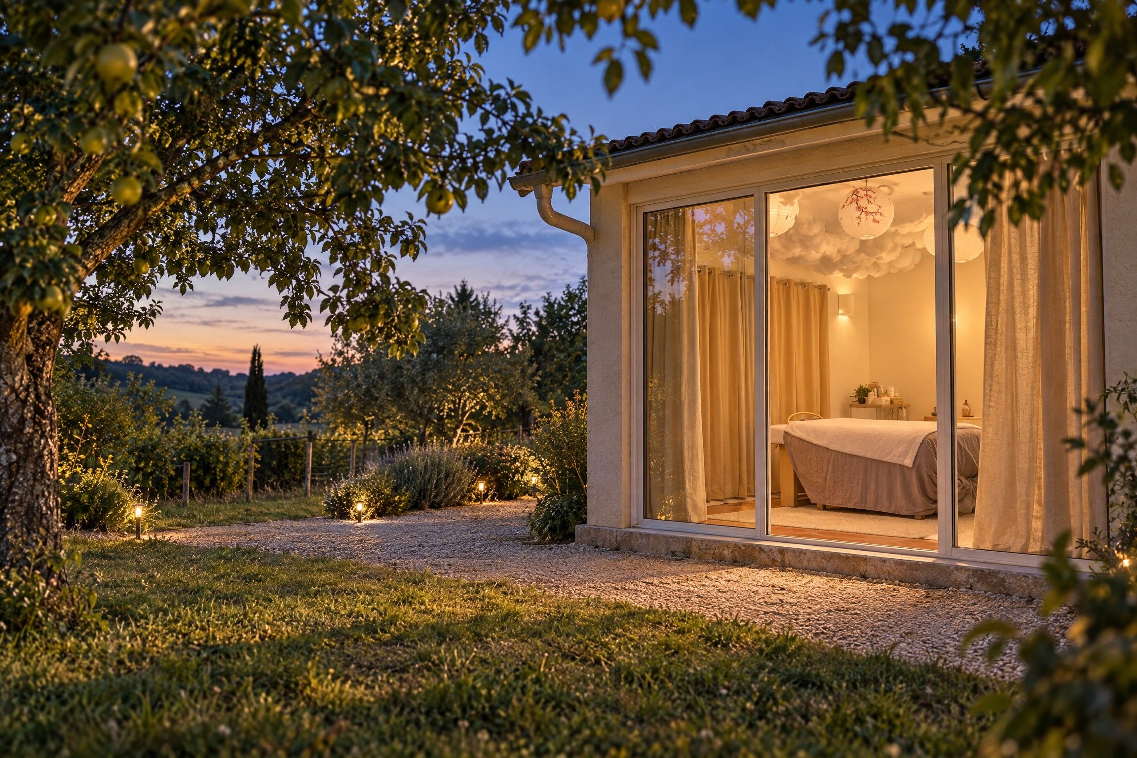 Le salon vu du jardin à la tombée du jour, la baie vitrée éclairée de l'intérieur