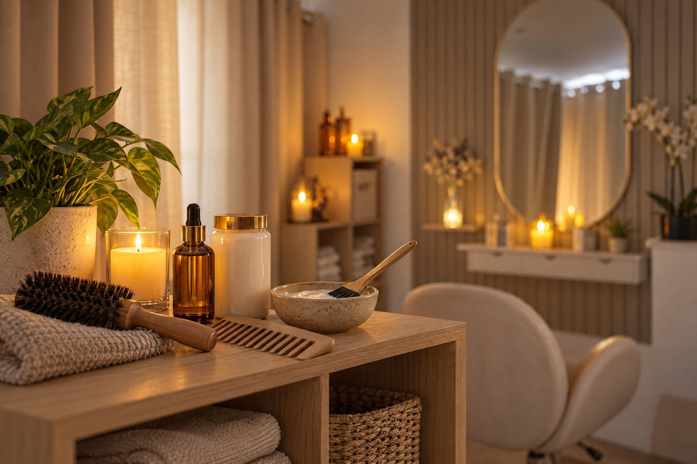 Coin soin des cheveux du salon : flacons de sérum et de masque à la kératine, bol de soin, peigne et brosse en bois, bougie